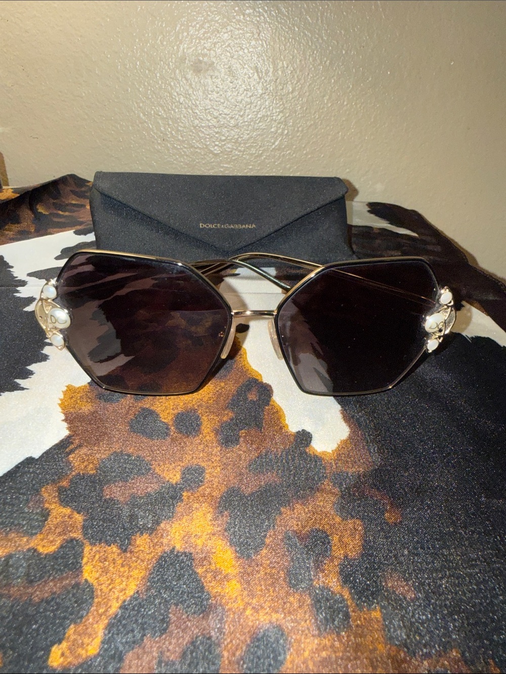 Dolce & Gabbana Gold Frame Black Lens Sunglasses with Pearl Temple Detail